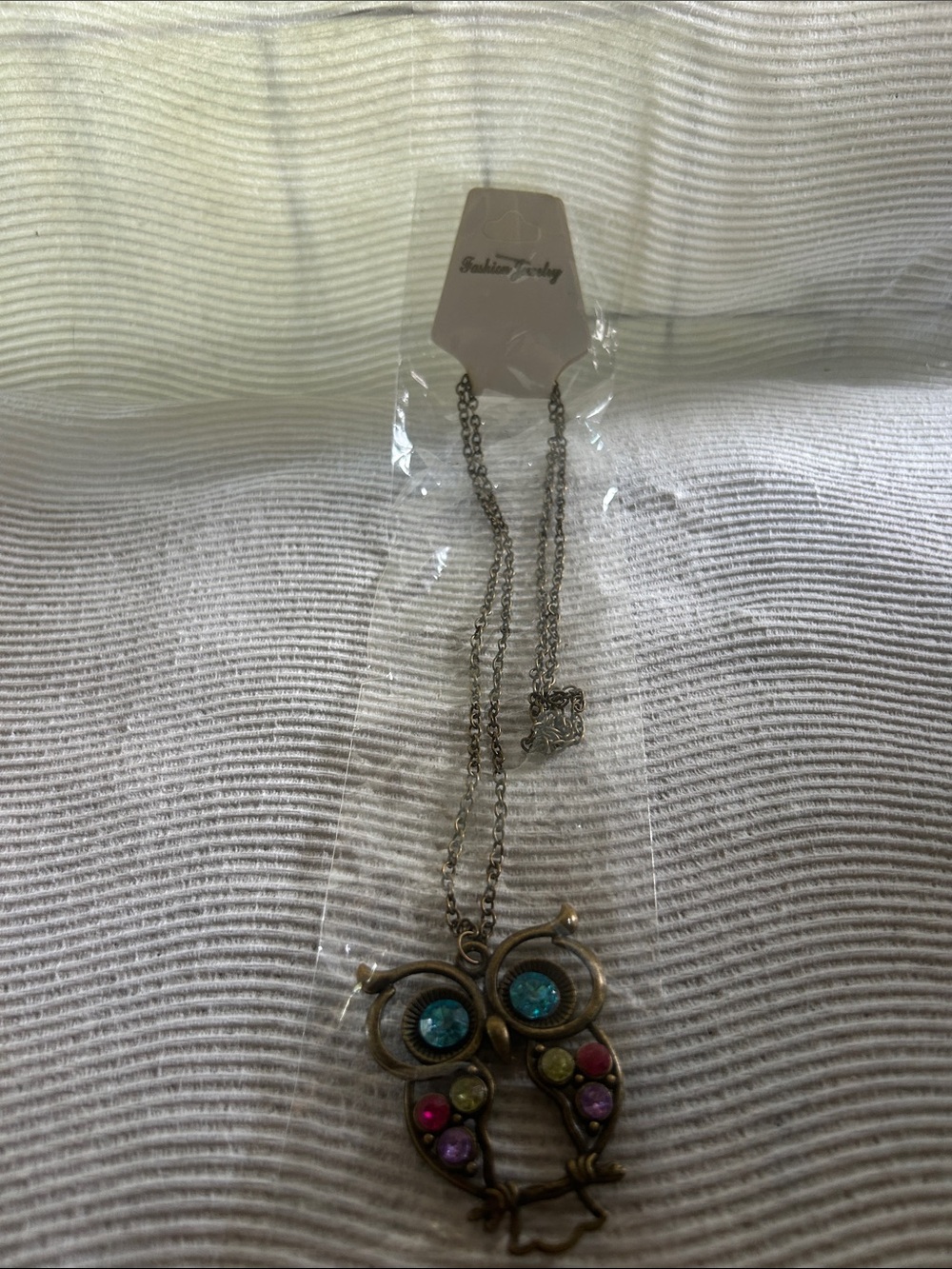 Fashion Jewelry Bronze Owl Necklace with Blue, Pink, Purple, Lime Accents